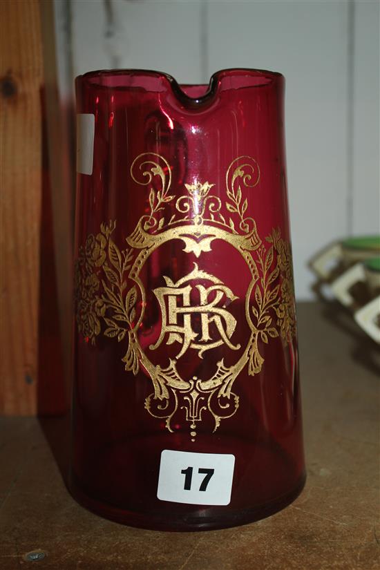 Victorian engraved cranberry glass jug